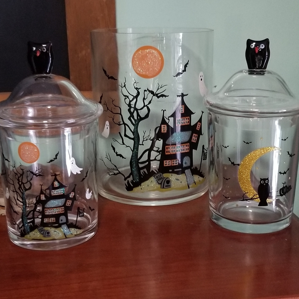 clear glass candy jar lid tealight holder canister happy Halloween moon owl bats - Picture 7 of 7